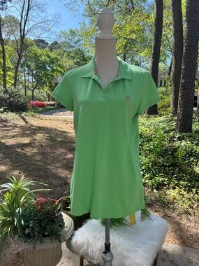 Lilly Pulitzer Lime Green Island Polo Top with Pink Logo, Large, Vacation, Beach